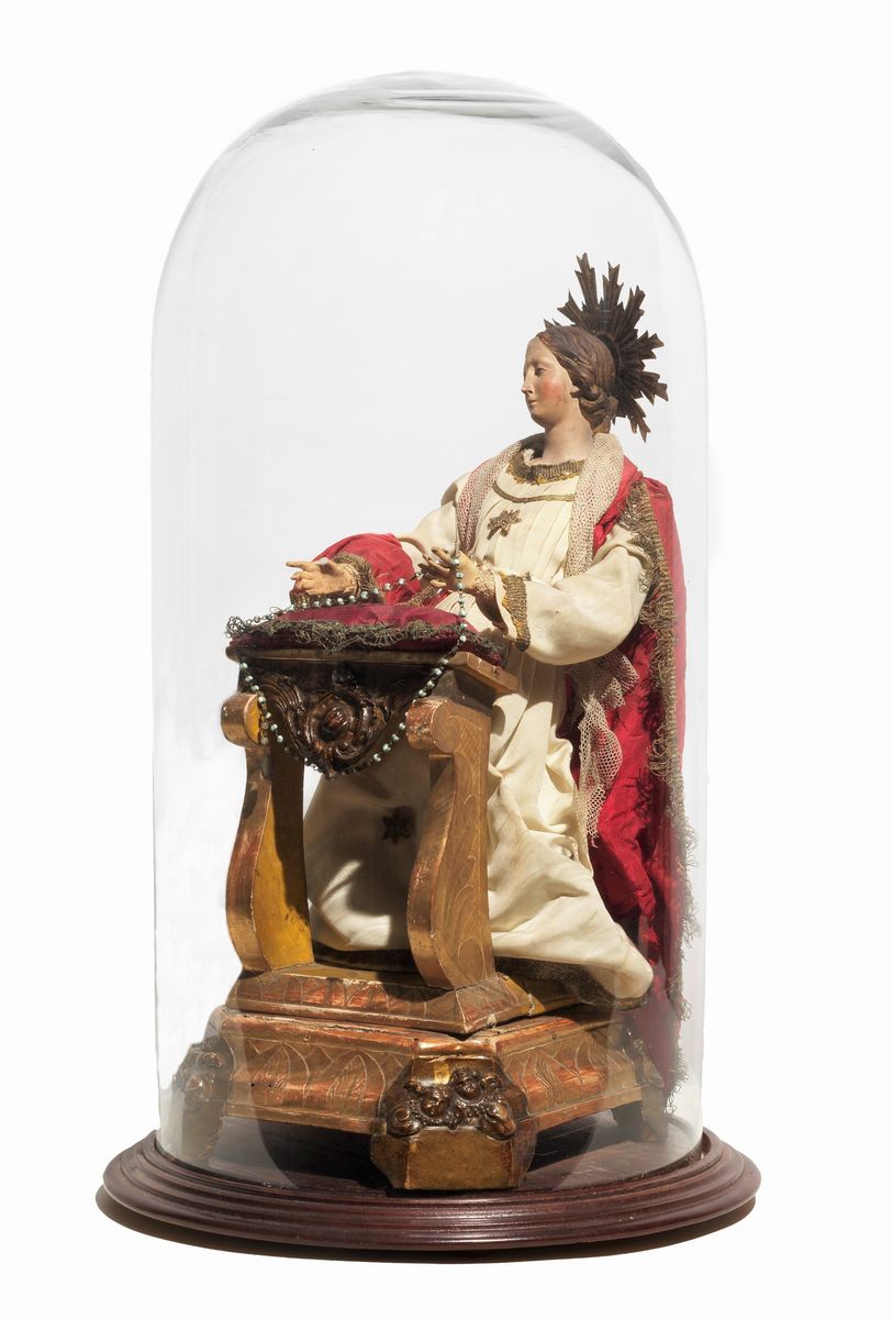Antica scultura napoletana "Madonna con inginocchiatoio" in terracotta con base in noce e campana...