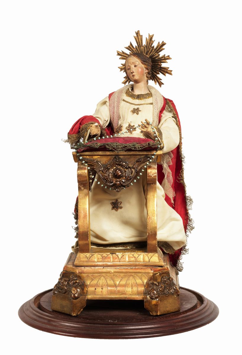Antica scultura napoletana "Madonna con inginocchiatoio" in terracotta con base in noce e campana...