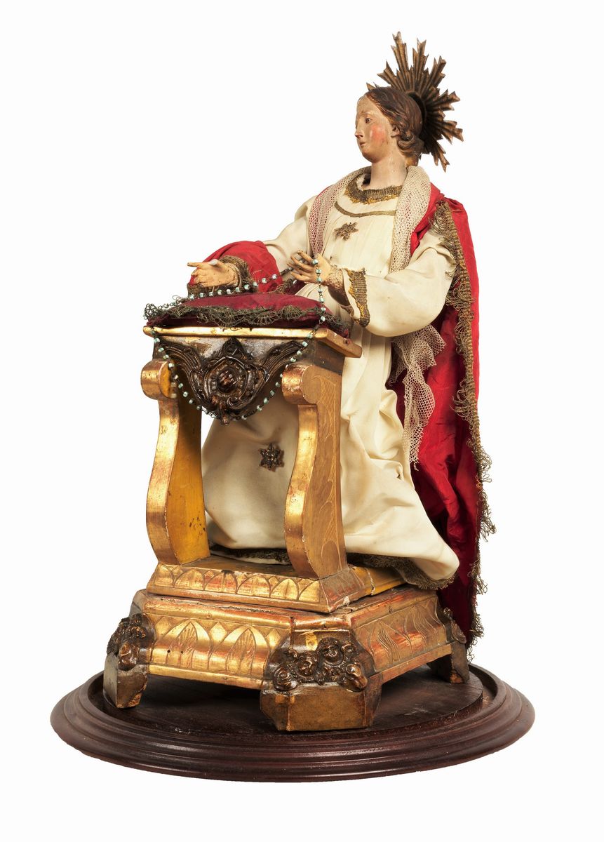 Antica scultura napoletana "Madonna con inginocchiatoio" in terracotta con base in noce e campana...