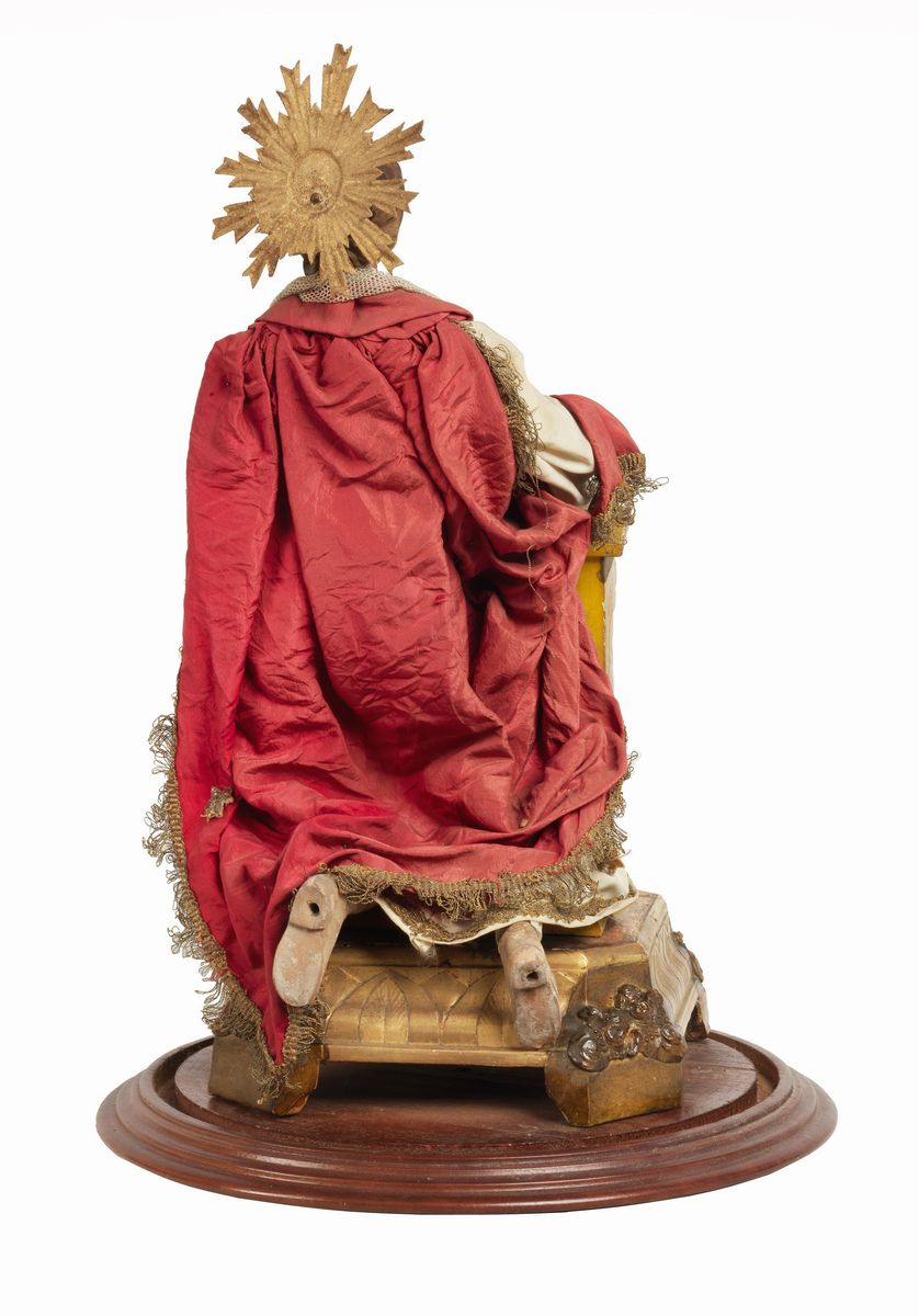 Antica scultura napoletana "Madonna con inginocchiatoio" in terracotta con base in noce e campana...