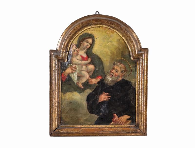 "Madonna con Bambino e San Francesco di Paola" piccolo dipinto ad olio su tela a sesto ovale