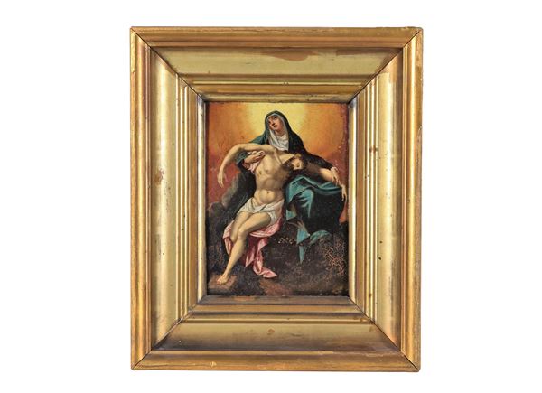 Pittore Bolognese Fine XVII Secolo - "La Pietà" piccolo dipinto ad olio su rame