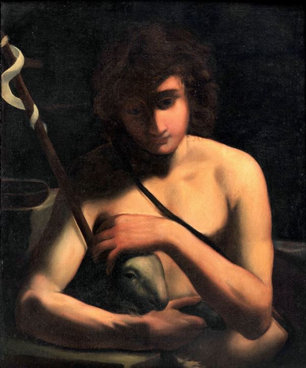 Maestro Italiano Fine XVII Secolo - "San Giovannino and the Lamb" oil painting on canvas