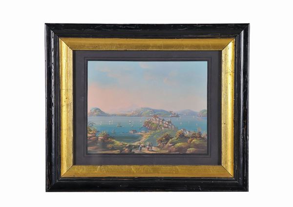 Scuola Napoletana XIX Secolo - "View of the Gulf of Naples with the island of Nisida" gouache on paper