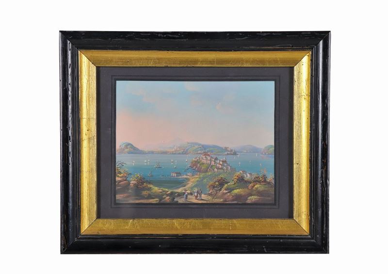 "Veduta del Golfo di Napoli con l'isola di Nisida" gouache su carta