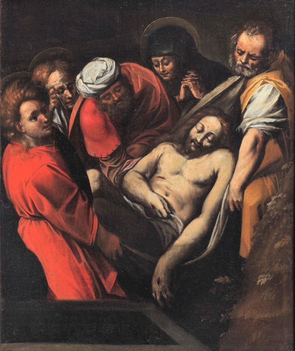 Pittore Caravaggesco Inizio XVII Secolo - "La Deposizione di Cristo" pregevole dipinto ad olio su tela