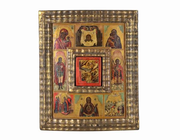 Icona dipinta su tavola "Episodi della Vita di Gesù, Madonne di Dio e Santi"