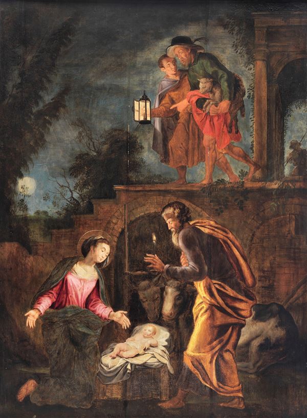 Lambert Susterman detto Lambert Lombard - Attributed. "The Nativity" oil painting on wood