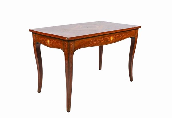 Lombard living room table in walnut and boxwood with geometric inlays, floral scrolls and animal figures