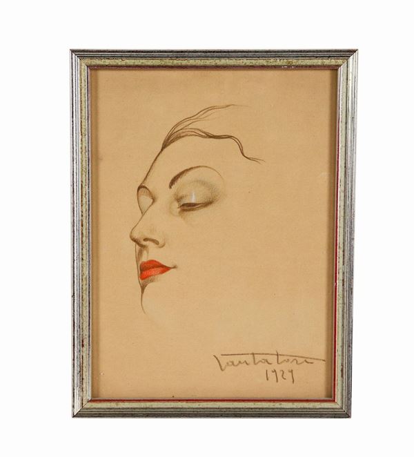 Small Art Nouveau drawing on paper "Face of a young woman" in brown and red pencil