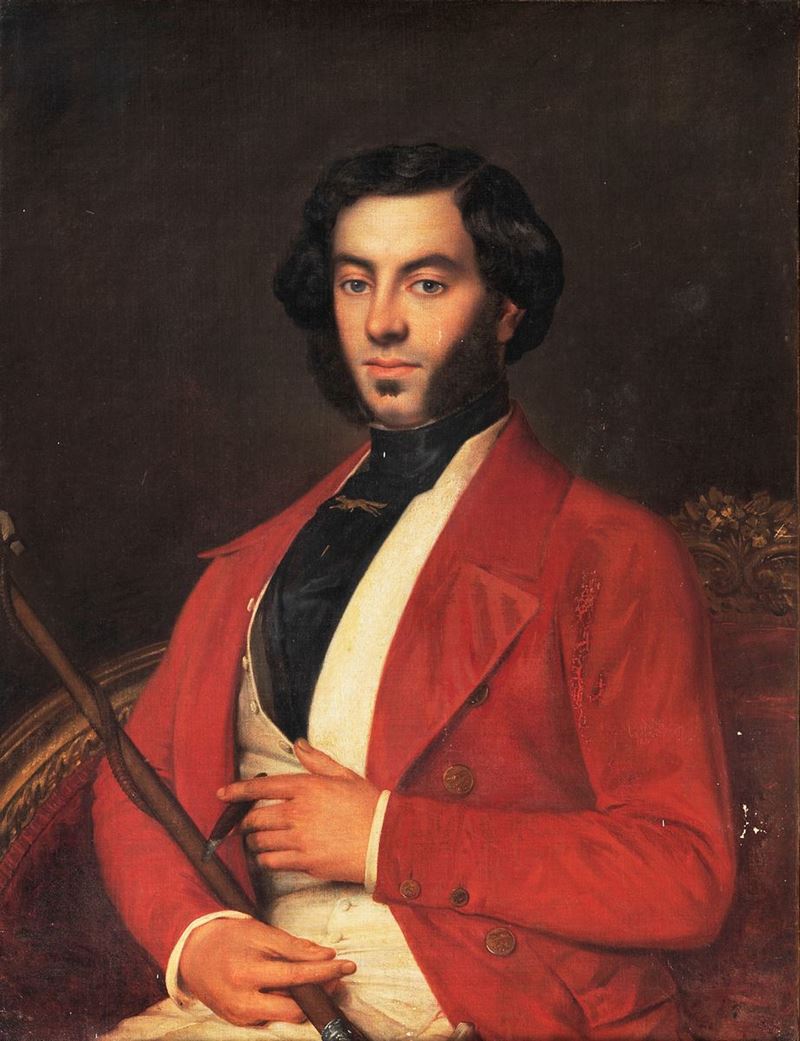 "Ritratto di nobiluomo con sigaro e frustino" dipinto ad olio su tela di ottima esecuzione pittor...