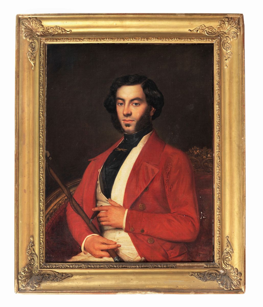"Ritratto di nobiluomo con sigaro e frustino" dipinto ad olio su tela di ottima esecuzione pittor...