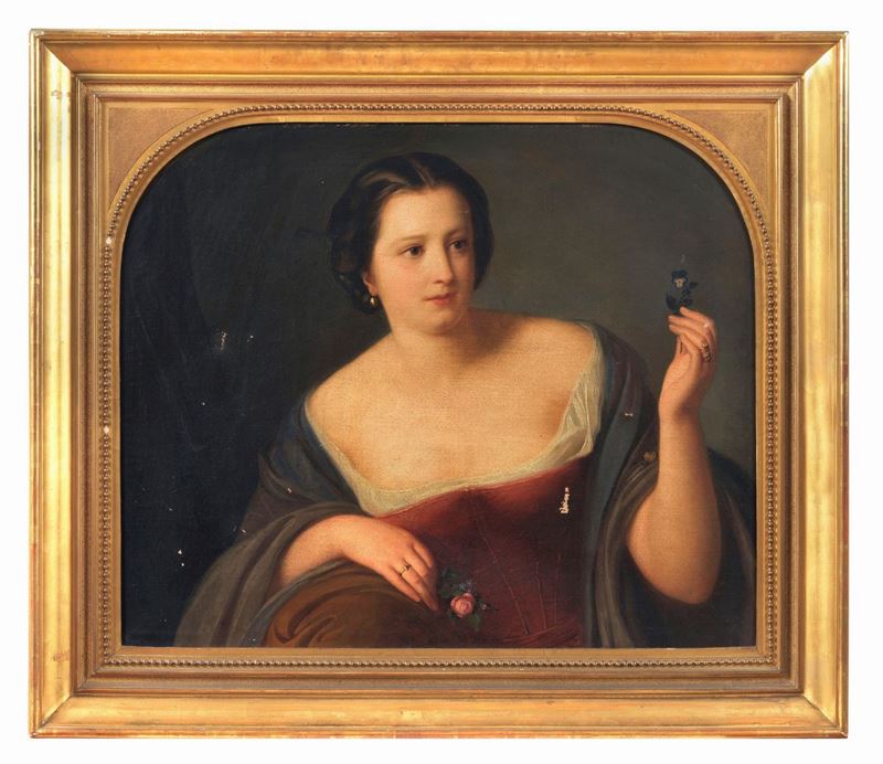 "Ritratto di giovane nobildonna con rosa" dipinto ad olio su tela di fine qualità pittorica