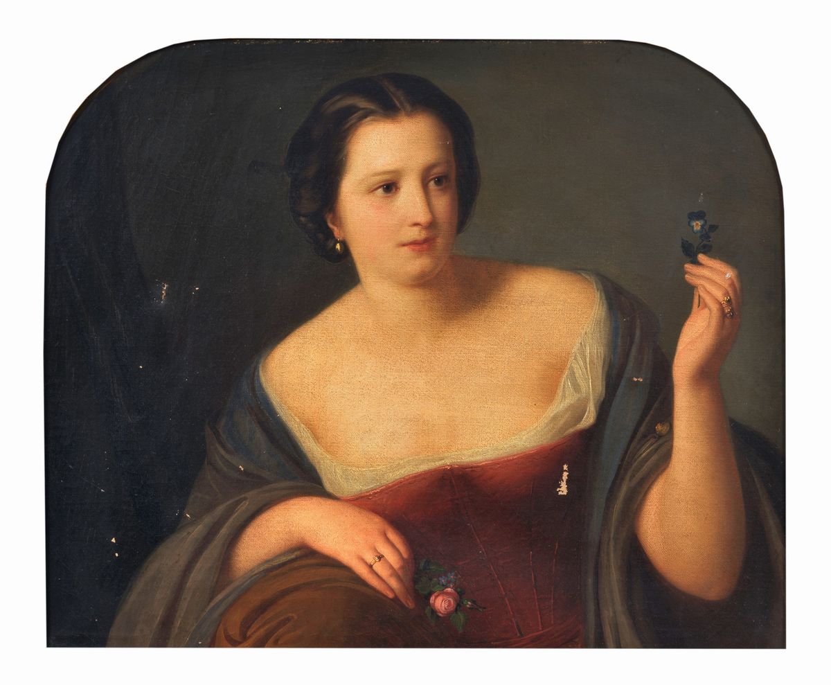 "Ritratto di giovane nobildonna con rosa" dipinto ad olio su tela di fine qualità pittorica