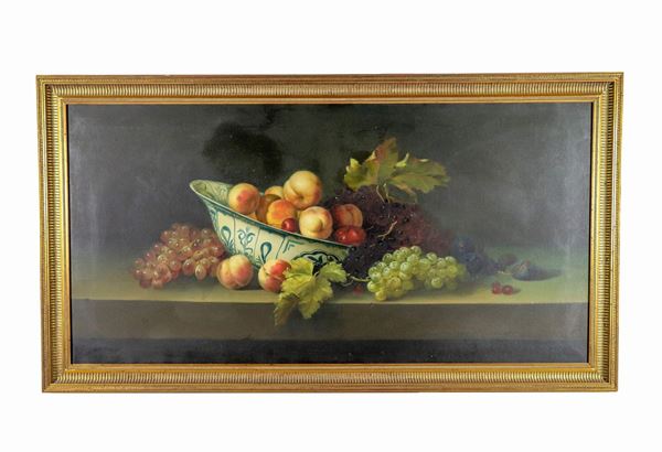 Pittore Italiano Inizio XX Secolo - "Natura morta di frutta e vasellame" dipinto ad olio su tela 