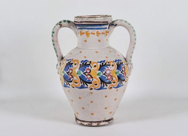 Double-sided amphora in glazed majolica with colorful decorations with motifs of flowers and leaves, defects