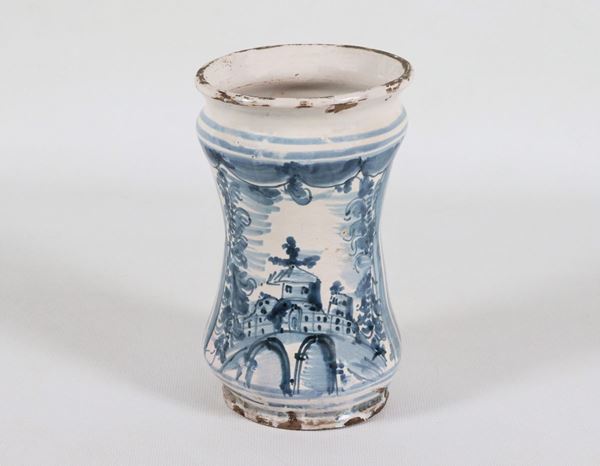 Pharmacy albarello in glazed majolica with blue painted decorations for landscape motifs, defects