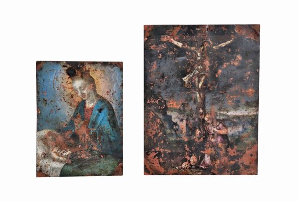 Scuola Italiana Fine XVII Secolo - "Crocifissione e Madonna con Bambino" lotto di due piccoli dipinti ad olio su rame molto danneggiati