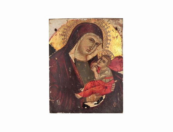 Scuola Dalmata Fine XVIII Secolo - "Madonna con Bambino" piccolo dipinto ad olio su tavoletta, vari difetti