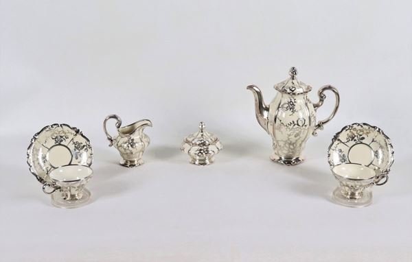 Rosenthal white porcelain tete a tete with silver floral decorations (5 pcs)