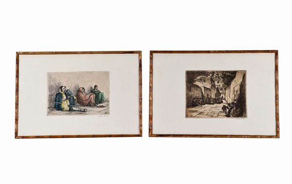 Pittore Arabo Inizio XX Secolo - Signed and dated 1927. "Village with Arab figures" lot of two charcoal drawings on paper