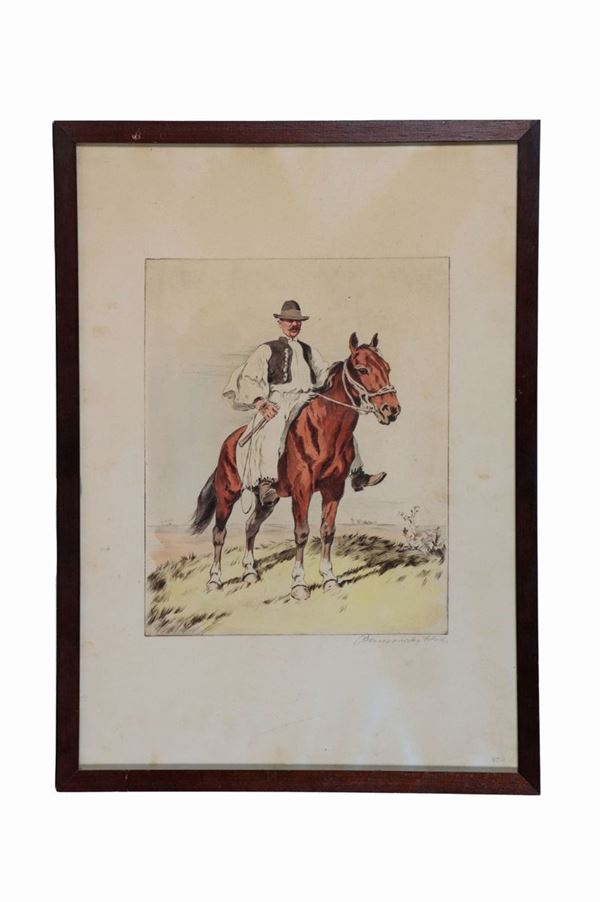 Pittore Ungherese Inizio XX Secolo - Color engraving on paper "Farmer on horseback"