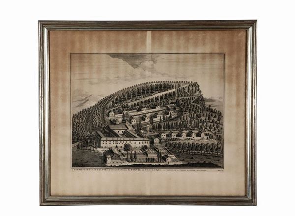 Ancient engraving on paper by Pierre Mortier (1661-1711) depicting "The Sacred Hermitage of Camaldoli in the Diocese of Perugia in the State of the Church"
