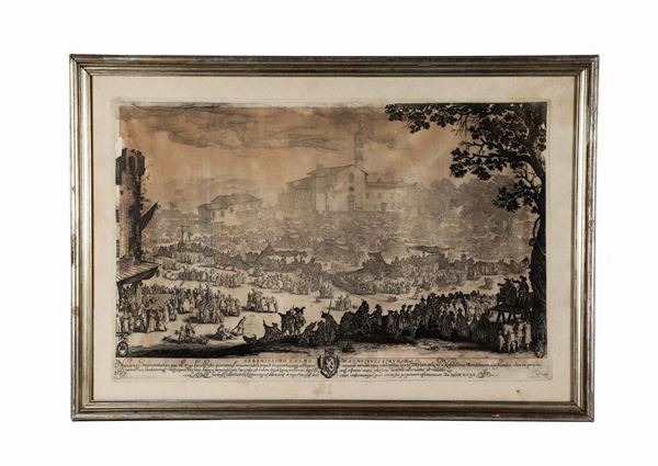 Ancient seventeenth-century engraving on paper depicting "The Fair of San Luca in Impruneta"