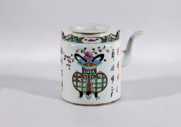 Antique Chinese porcelain coffee pot with embossed enamel decorations with vases and flowers motifs
