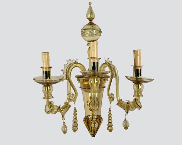 Murano blown glass wall lamp in amber color, 3 lights