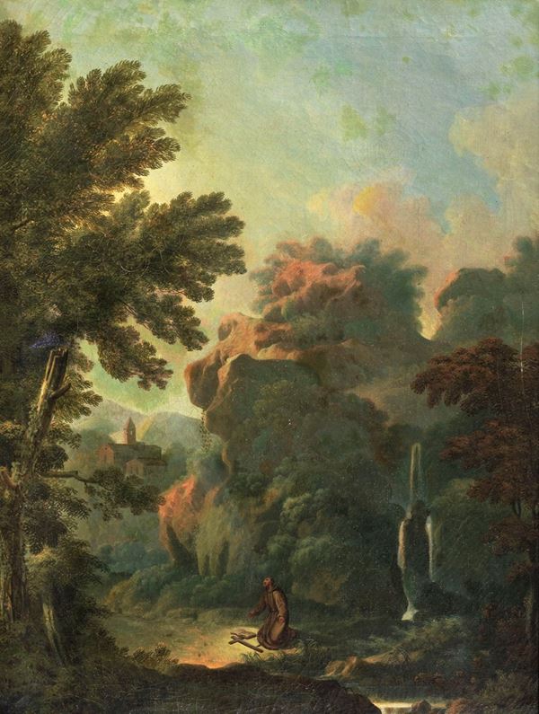 Scuola Italia Centrale del XVIII Secolo - "Landscape with the Repentance of St. Francis" oil painting on canvas