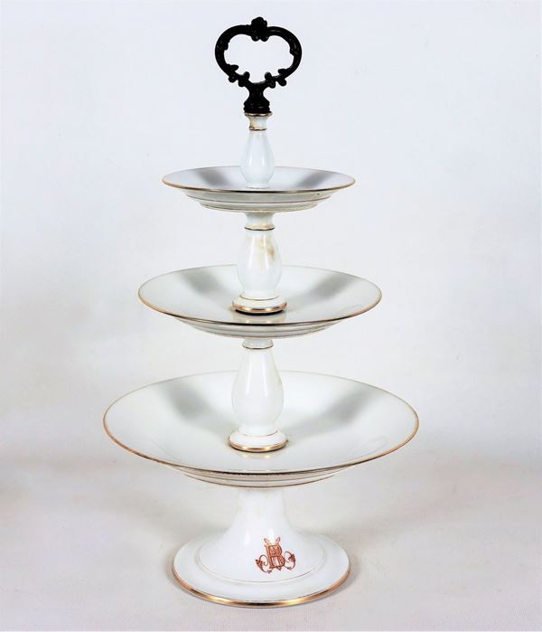 Antique French stand in white porcelain with three floors with monograms and profiles in pure gold