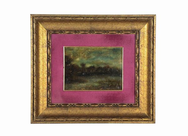 Scuola Italiana Fine XIX Secolo - "Wood with swamp" small oil painting on tablet