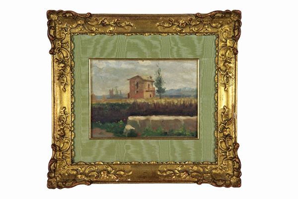 Scuola Italiana Fine XIX Secolo - "Paesaggio campestre con casale" piccolo dipinto ad olio su tavoletta