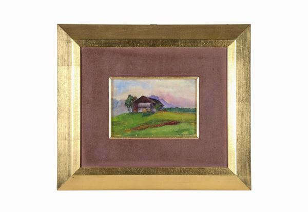Scuola Italiana Fine XIX Secolo - Signed. "Alpine landscape with hut" small oil painting on pressed cardboard