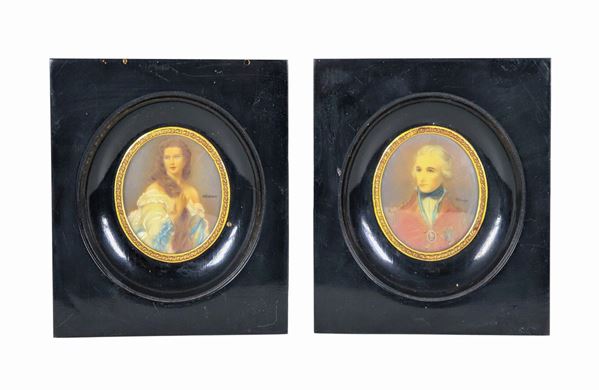 Pair of oval miniatures "Noblewoman and nobleman" in ebonized wood frames