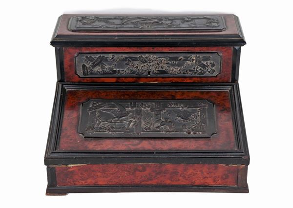 Tuja briar travel desk with ebonized wood plates carved with bird, flower and butterfly motifs