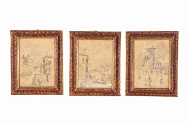 Pittore Veneto Fine XVIII Secolo - "Capricci veneziani" tre piccoli acquarelli su carta in cornicette laccate a finto marmo