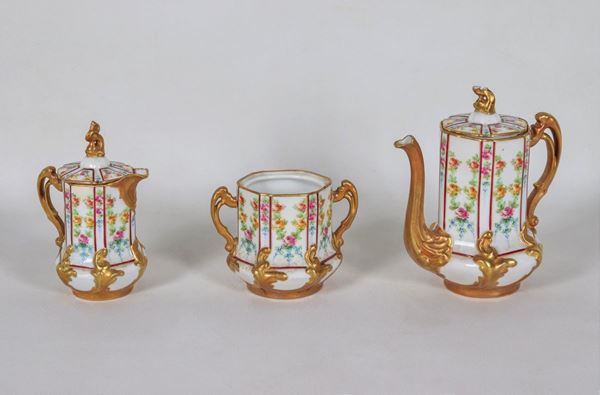 Antique French tete a tete service in Limoges porcelain with pure gold decorations and polychrome flowers (3pcs)