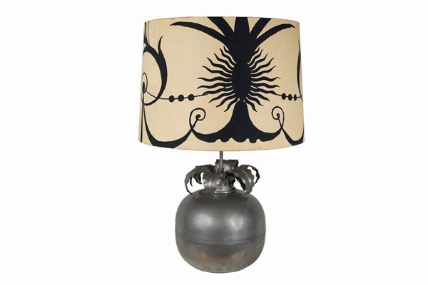 Original pewter table lamp in the shape of a pineapple with a particular shade in painted fabric