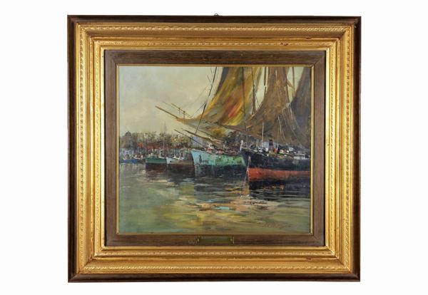 Elettra B. De Angelis - Signed and dated 1965. "Fishing boats" painted in oil on plywood