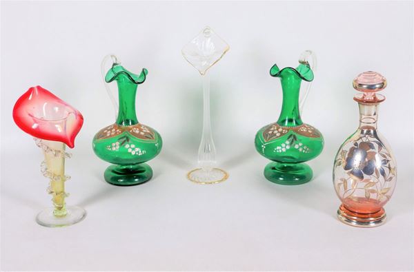 Lot in glass, blown glass and enamels: two oil and vinegar cruets, two flower jars and a perfume bottle (5pcs)