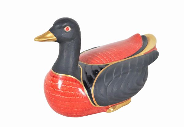 "Duck" sculpture in Capodimonte polychrome porcelain