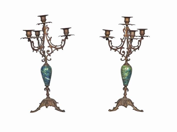 Pair of antique candelabra in gilded bronze and marbled ceramic, 4 flames each