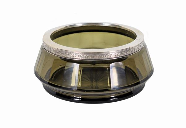 Smoked crystal salad bowl with edge covered in chiseled silver