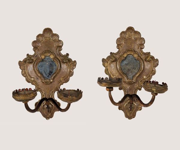 Pair of antique silver-plated and carved wooden appliques with Louis XV motifs, 2 flames each