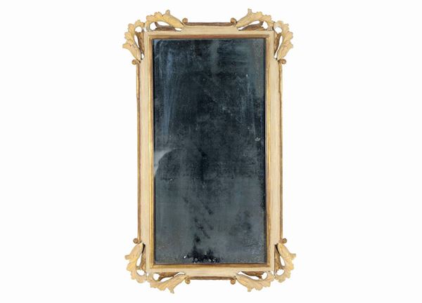 Small mirror in ivory lacquered wood with curls carved at the four corners, mercury mirror