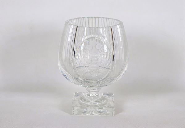 Crystal cup worked in pods with engraved floral medallion, signed