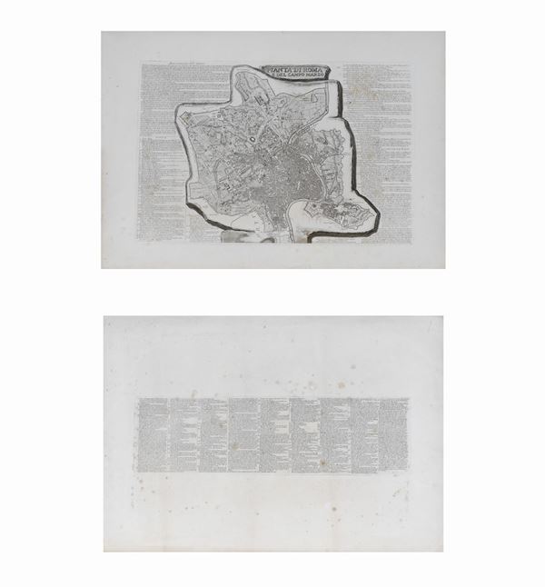 Ancient engraving "Plan of Rome and Campo Marzo" probably by G.B. Piranesi, missing a part of the plant