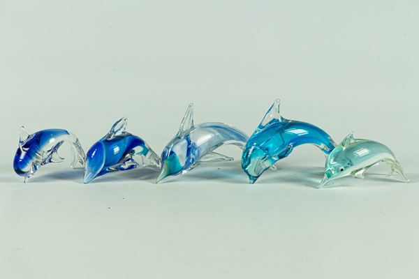 Five figurines in Murano crystal &quot;Dolphins&quot;